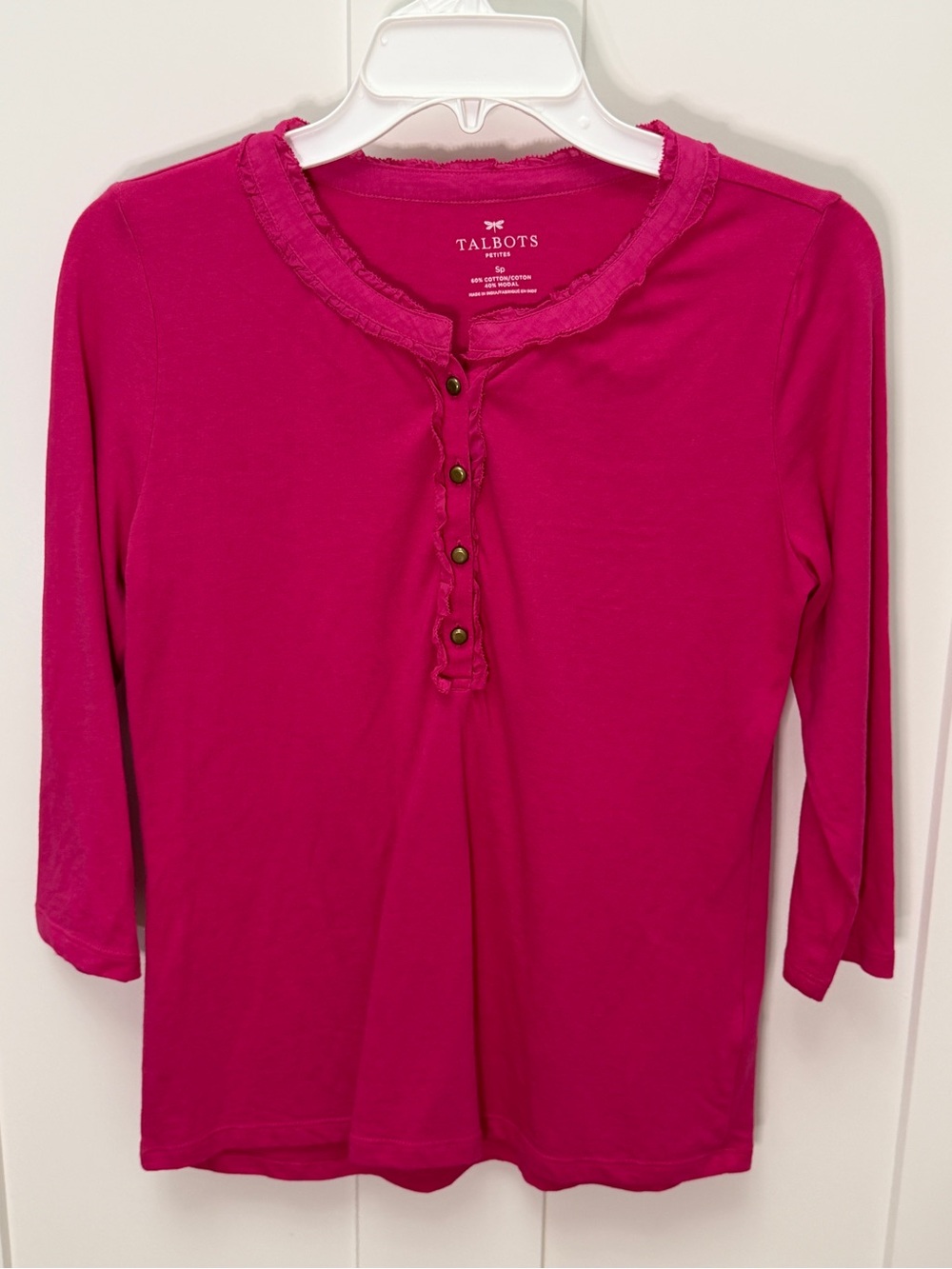 Talbots Petite Ruffle Henley Top in Fuchsia Pink